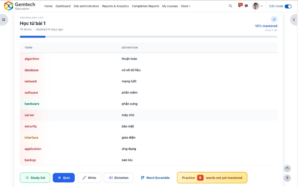 Plugin Flashcard trên Moodle — Học từ vựng bằng thẻ ghi nhớ nhanh chóng