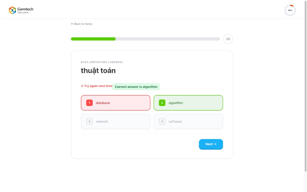 Quiz mode — multiple choice, correct/incorrect feedback